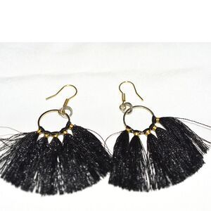 In Vogue Hipster Grunge 2.5" Black Tassel Drop Gold Tone Accents Hook Earrings